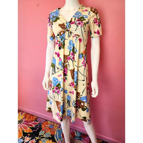 Size Medium Large | Vintage 1970's Buttercream Pink Blue Floral Babydoll Dress - Picture 8 of 10